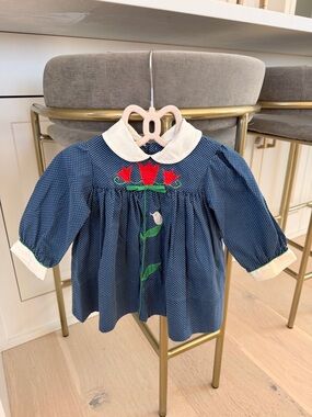 1980s Vintage Baby Girls Embroidered Dress Size 12 months Tulip Bird Vtg Navy